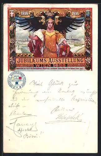 Künstler-AK Wien, Jubiläums-Ausstellung 1898, Austria mit Wappen, Zepter und Adler, Jugendstil