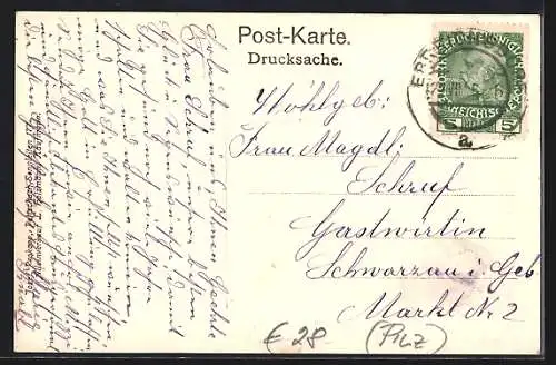 Künstler-AK Ebreichsdorf, Ortsansicht von der Schulgasse aus