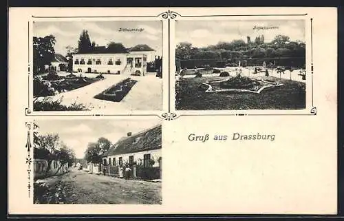 AK Drassburg, Strassenpartie, Schloss und Schlossgarten