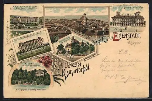 Lithographie Eisenstadt, K. K. Militär-Unterrealschule, Residenz d. Fürsten Esterhazy, Wallfahrtskirche