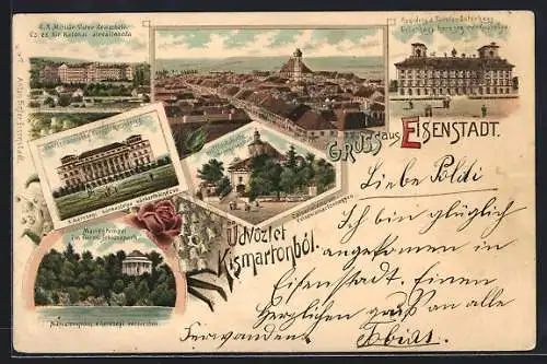 Lithographie Eisenstadt, Fürstl. Residenz, Wallfahrts-Kirche, Marientempel im Fürstl. Schlosspark