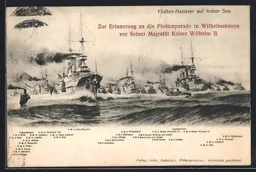 Lithographie Flotten-Manöver auf hoher See, zahllose Kriegsschiffe