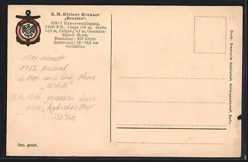 AK Kriegsschiff, Kreuzer S. M. Breslau in voller Fahrt