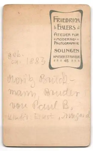 Fotografie Friedrich Ehlers, Solingen, Kaiserstrasse 45, Moritz Brückmann als Jugendlicher im Anzug