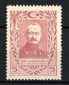 Reklamemarke Graf von Falkenhayn, Deutscher Generalstabschef, roter Rahmen mit Stern und Halbmond