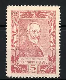 Reklamemarke Deutscher Reichskanzler Bethmann Holweg, Porträt mit Adler und Lorbeerzweigen