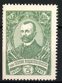 Reklamemarke Graf Stefan Tisza Ministerpräsident von Ungarn 1914-1915, Portrait und Wappen