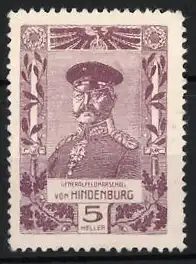 Reklamemarke Generalfeldmarschall von Hindenburg, Porträt mit Adler und Eichenlaub