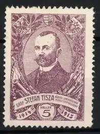 Reklamemarke 1913-1915, Graf Stefan Tisza, Ministerpräsident von Ungarn, Porträt und Wappen