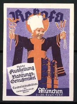 Reklamemarke München, Reichs-Ausstellung für Nahrungs- & Genussmittel 1935, Bischof mit Ähren und Stab