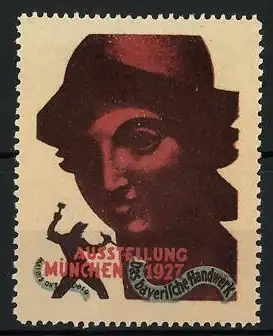 Reklamemarke München, Ausstellung 1927, bayerisches Handwerk, Gesicht und Schmied