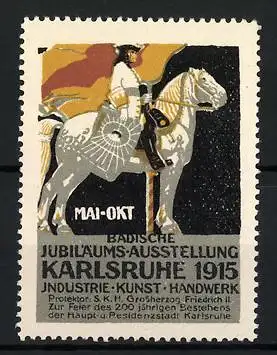 Reklamemarke Karlsruhe, Badische Jubiläums-Ausstellung 1915, Reiter auf Pferd