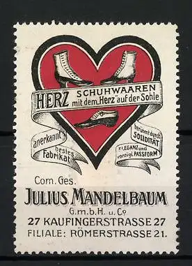 Reklamemarke München, Herz Schuhwaaren, Julius Mandelbaum, Herz mit Schuhen