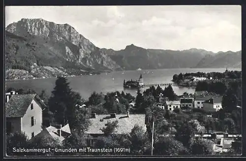 AK Gmunden, Teilansicht mit Schloss Ort und Traunstein