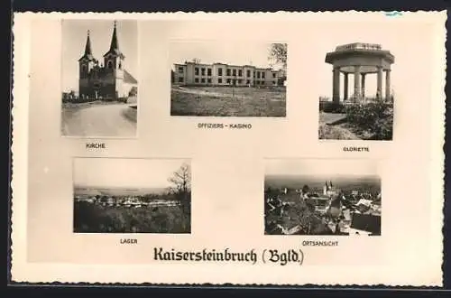 AK Kaisersteinbruch, Kirche, Offiziers-Kasino, Gloriette, Lager, Ortsansicht