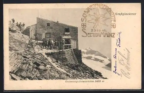 AK Erzherzog-Johannhütte auf dem Grossglockner, Ansicht mit Wanderern