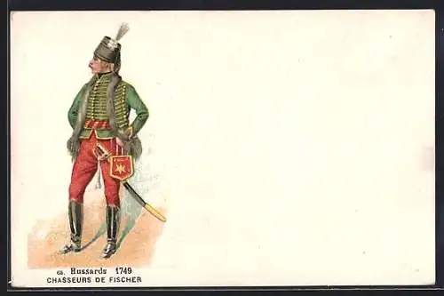 AK Casseurs de Fischer, Hussards, 1749, rückseitig Reklame Biscuits Germain