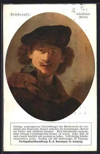 Künstler-AK Leipzig, Selbstbildnis von Rembrandt, Reklame für die Verlagsbuchhandlung E. A. Seemann