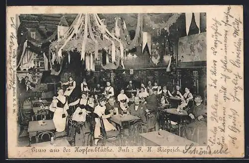 AK Berlin, Feiernde Gesellschaft im Gasthaus Hopfenblüthe von H. Rieprich, Unter den Linden 27