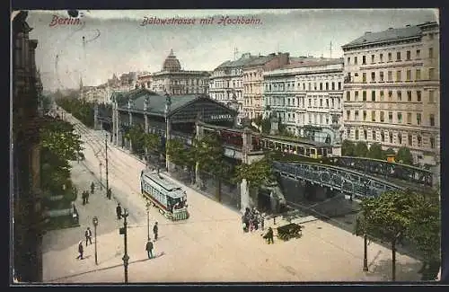 AK Berlin-Schöneberg, Bülowstrasse mit Hochbahn und Strassenbahn