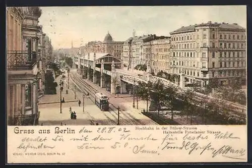 AK Berlin-Schöneberg, Hochbahn in der Bülow-Strasse, Haltestelle Potsdamer Strasse, Strassenbahn