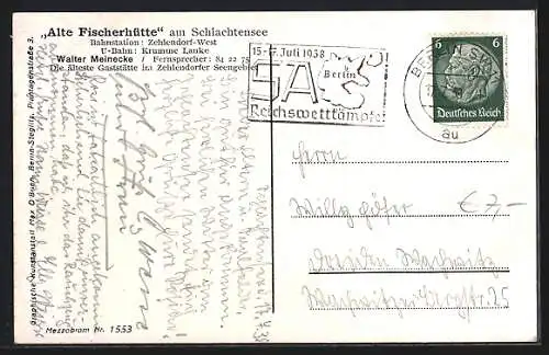 AK Berlin-Zehlendorf, Gasthaus Alte Fischerhütte am Schlachtensee, Bes. Walter Meinecke