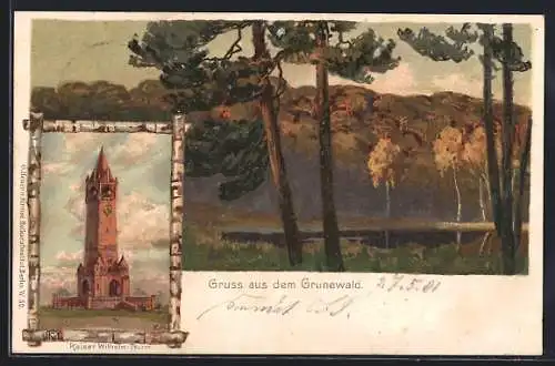 Lithographie Berlin-Grunewald, Blick auf den Grunewald, Kaiser Wilhelm-Turm