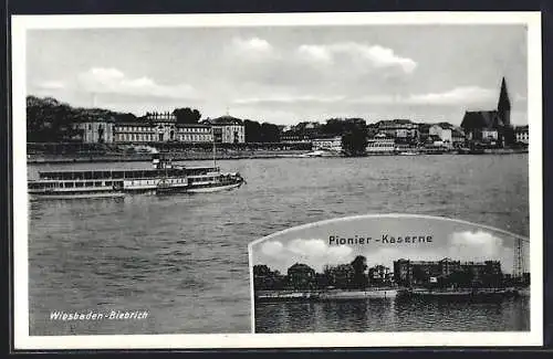 AK Wiesbaden-Biebrich, Pionier-Kaserne und Flusspartie mit Dampfer