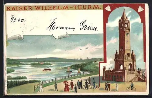 Lithographie Berlin-Grunewald, Kaiser Wilhelm-Thurm, Blick auf den See