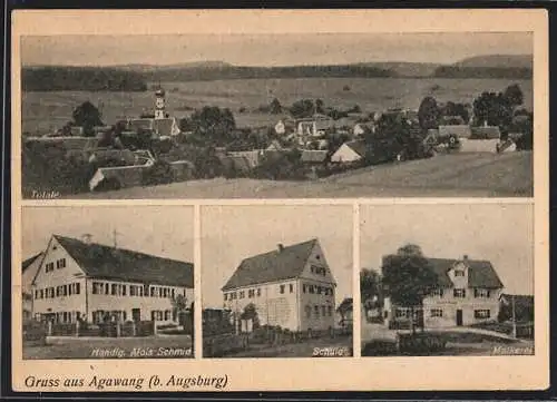 AK Agawang b. Augsburg, Geschäft von Alois Schmid, Schule und Molkerei