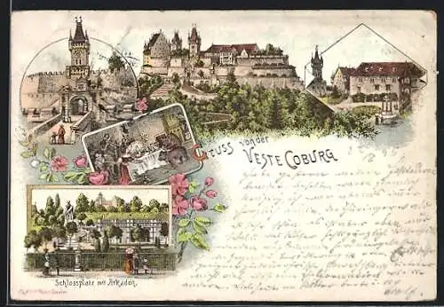 Vorläufer-Lithographie Coburg, 1895, Veste und Schlossplatz mit Arkaden