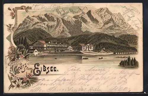 Lithographie Eibsee, Blick auf den See mit Bergpanorama