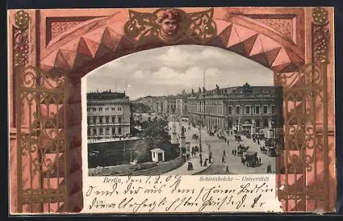 AK Berlin, Schlossbrücke und Universität, Passepartout mit goldenem Tor