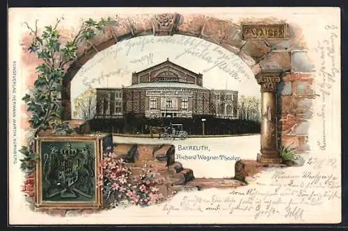 Passepartout-Lithographie Bayreuth, Richard Wagner-Theater mit Kutsche, Wappen