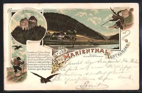 Lithographie Marienthal, Veste Stockenfels, Teufel, Panorama um 1900