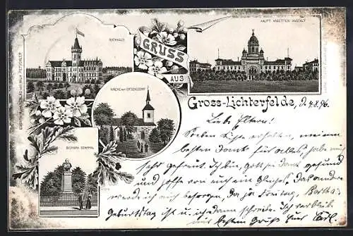 Lithographie Berlin-Gross-Lichterfelde, Haupt Kadetten-Anstalt, Rathaus, Bismarck-Denkmal, Kirche von Gifsendorf