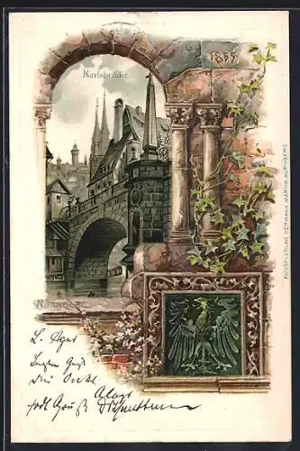 Passepartout-Lithographie Nürnberg, Blick auf die Karlsbrücke durch ein Burgfenster gesehen, Wappen