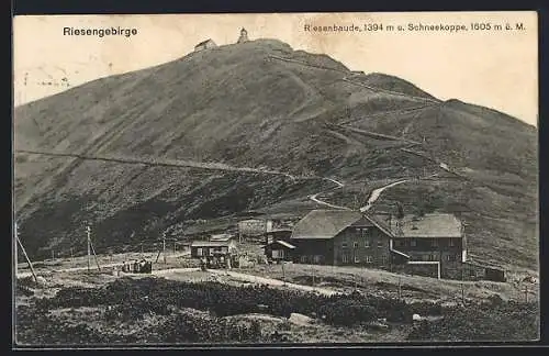 AK Riesenbaude /Riesengebirge, Berghütte und Schneekoppe