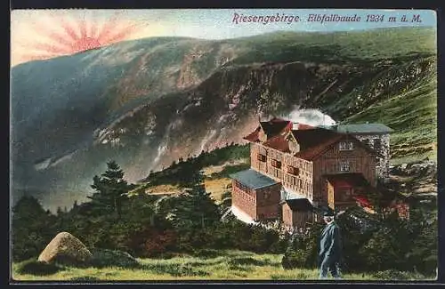 AK Elbfallbaude /Riesengebirge, Berghütte mit Panorama