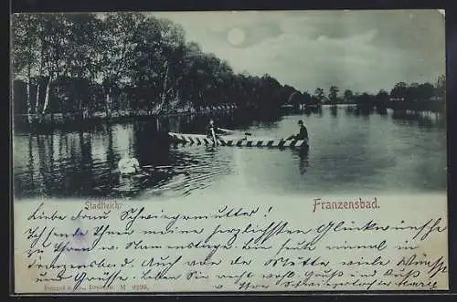 Mondschein-AK Franzensbad, Stadtteich mit nächtlicher Bootspartie