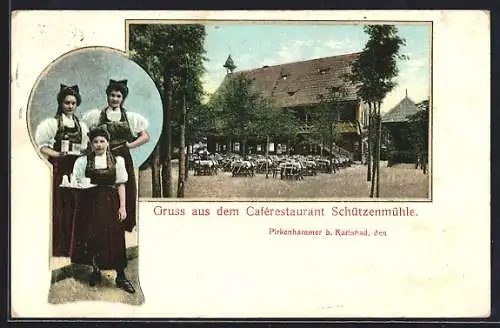 AK Pirkenhammer b. Karlsbad, Caférestaurant Schützenmühle, Kellnerinnen in Tracht