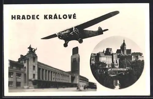 AK Hradec Králové, Flugzeug über der Stadt, Stadtansicht