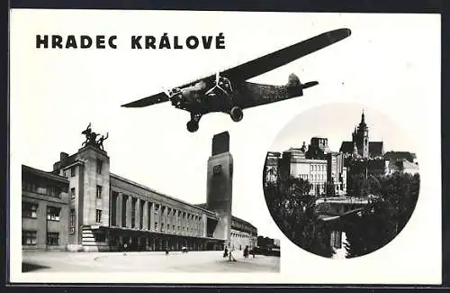 AK Hradec Králové, Flugzeug über der Stadt, Stadtansicht