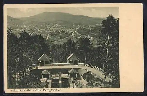 AK Baden-Baden, Mittelstation der Bergbahn mit Panorama