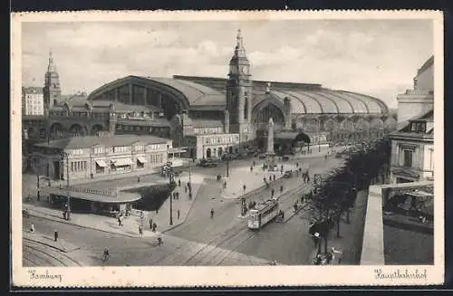 AK Hamburg-St.Georg, Hauptbahnhof aus der Vogelschau gesehen, Strassenbahn