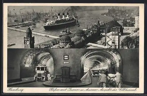 AK Hamburg, Hafen mit Innen- und Aussen-Ansicht des Elbtunnels