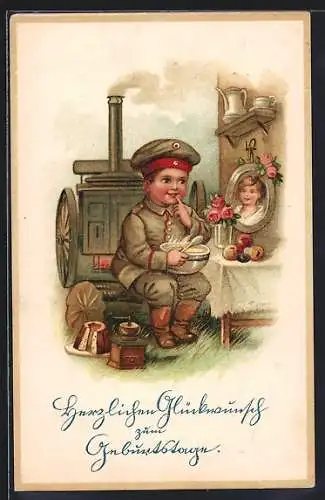 AK Kanonier in Uniform beim Essen, Geburtstagsgruss