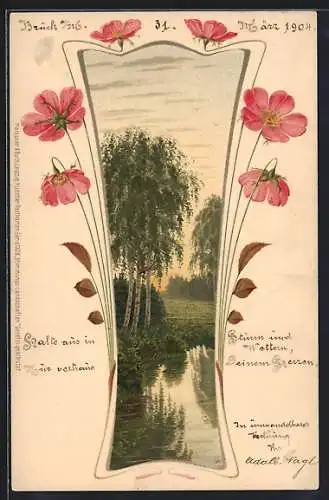 AK Birken am Ufer eines See, Blumen, Jugendstil