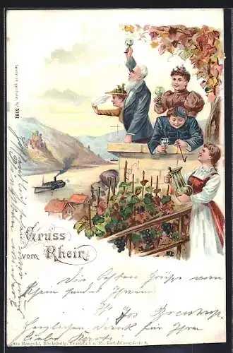 Lithographie Gruss vom Rhein, Dampfer, Leute trinken Wein und winken