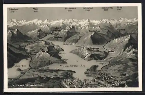 AK Luzern, Panorama mit Stadt, Vierwaldstättersee und Alpen